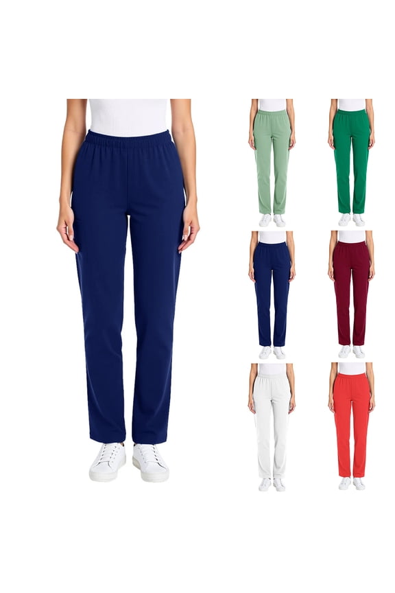 Womens Pants Solid Elastic Waist Straight-Leg with Pockets Work Relaxed Long Trousers for Everyday Use