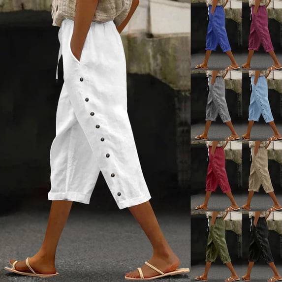 SROBPTY Fall Womens Pant High Waist Solid Drawstring Elastic Button Linen Pocket Cropped Trousers