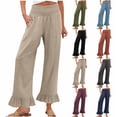 thumbnail image 1 of SROBPTY Fall Womens Pant Solid Ruffle Hem Side Pocket High Waist Smocked Trousers, 1 of 5