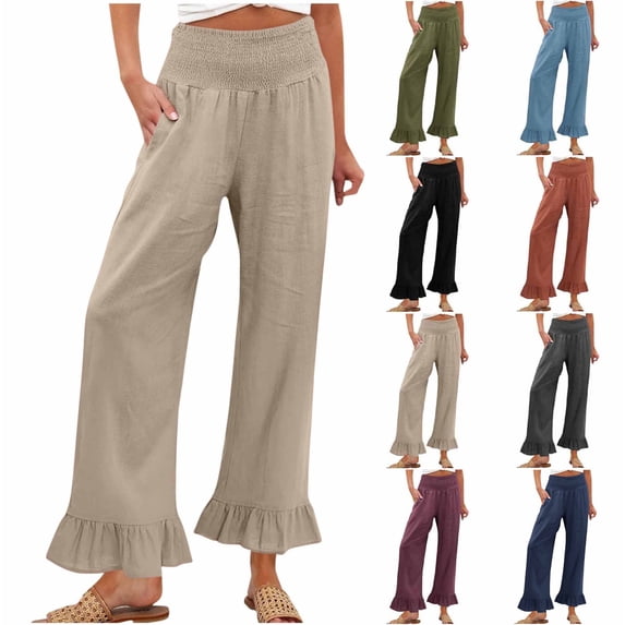 SROBPTY Fall Womens Pant Solid Ruffle Hem Side Pocket High Waist Smocked Trousers