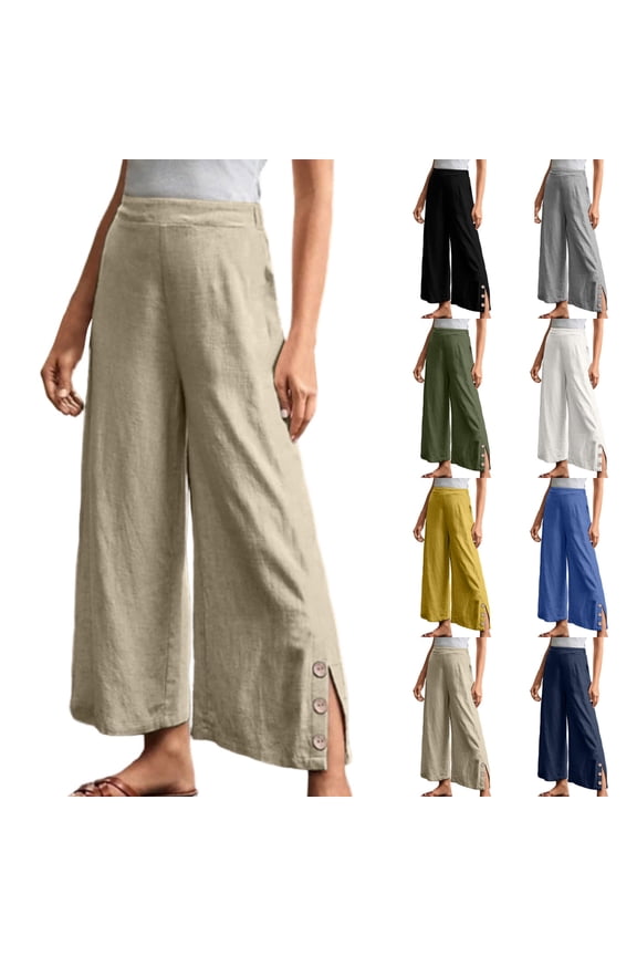 Womens Pants Solid Straight-Leg Button Side Slit with Pockets Relaxed Long Trousers for Daily Wear