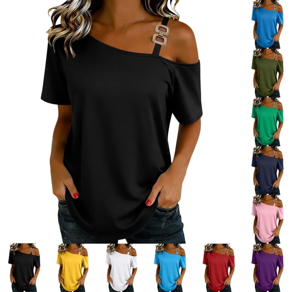 SROBPTY Womens Shirts Fashion Solid Crew Neck Short Sleeve Lightweight Summer Tops for Casual Wear