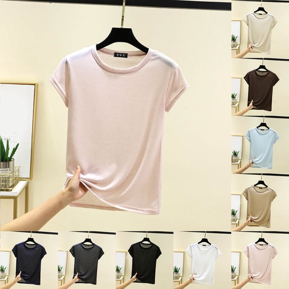 SROBPTY Womens Shirts Solid Crew Neck Short Sleeve Breathable Summer Tops for Everyday Wear