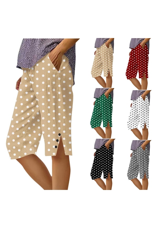 Womens Shorts Print Straight with Pockets Side Slit Button Knee Length Summer Pants