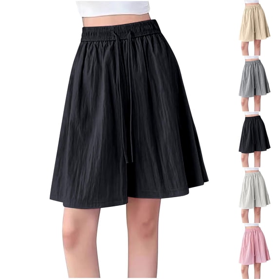 SROBPTY Womens Shorts Solid Drawstring Elastic Waist Wide Leg Knee Length Summer Pants