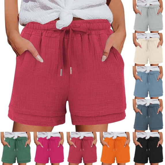 SROBPTY Womens Shorts Solid High Waist Drawstring with Pockets Summer Pants