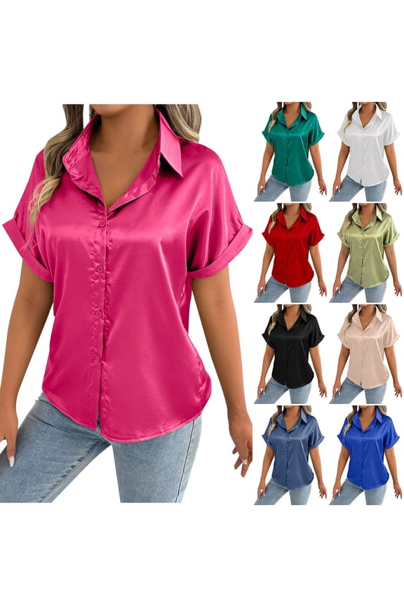 Womens Summer Tops, Blouse for Women, Womens Solid Button Turn Down Collar Raglan Shoulder Short Sleeve Blouse Tops Navy,S