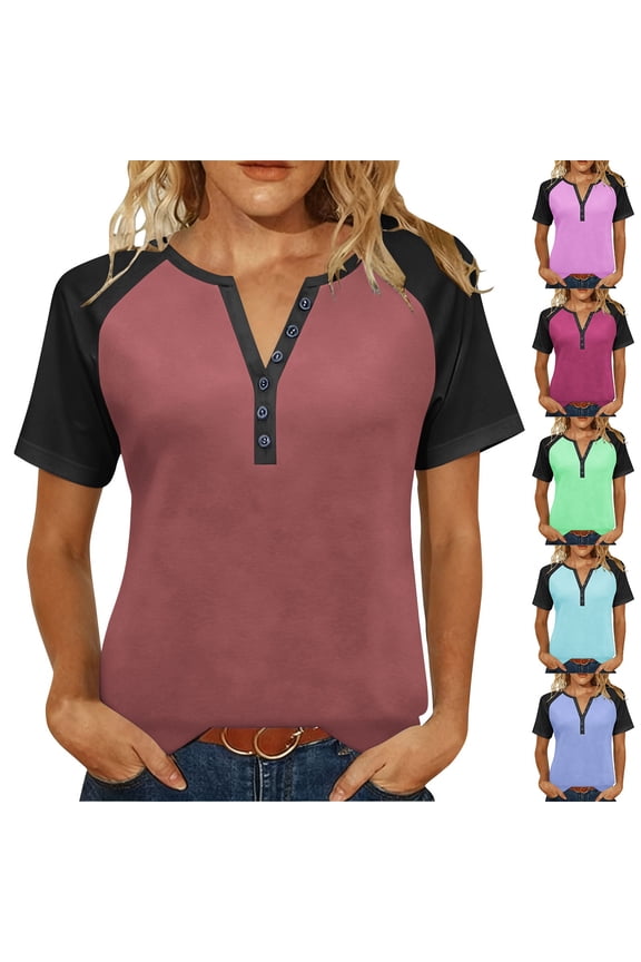 Womens Summer Tops, Casual T Shirts for Women, Womens Casual Button V Neck Short Sleeve Raglan Shoulder Loose T Shirt Blouse Dressy Tops Pink,S