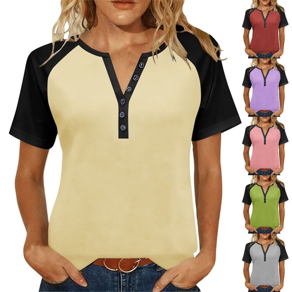 SROBPTY Womens Summer Tops, Casual T Shirts for Women, Womens Casual Button V Neck Short Sleeve Raglan Shoulder Loose T Shirt Blouse Dressy Tops Red,XL