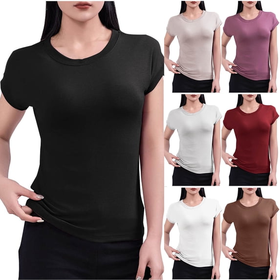 SROBPTY Womens Summer Casual Solid Short Sleeve Stretch T Shirt Crew Neck Basic Tops