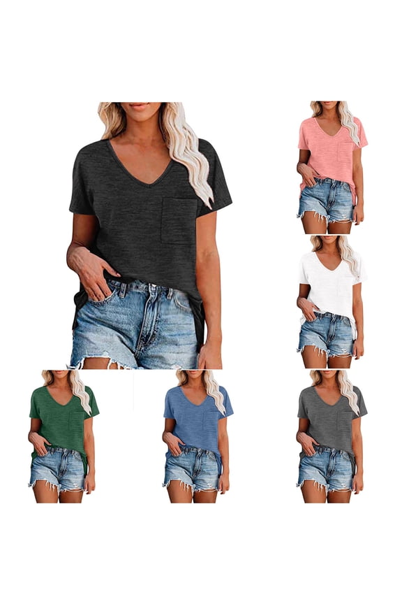 Womens Summer Tops, Casual T Shirts for Women, Womens Casual Solid V Neck Raglan Shoulder Split Short Sleeve T Shirt Blouse Tops Black,S