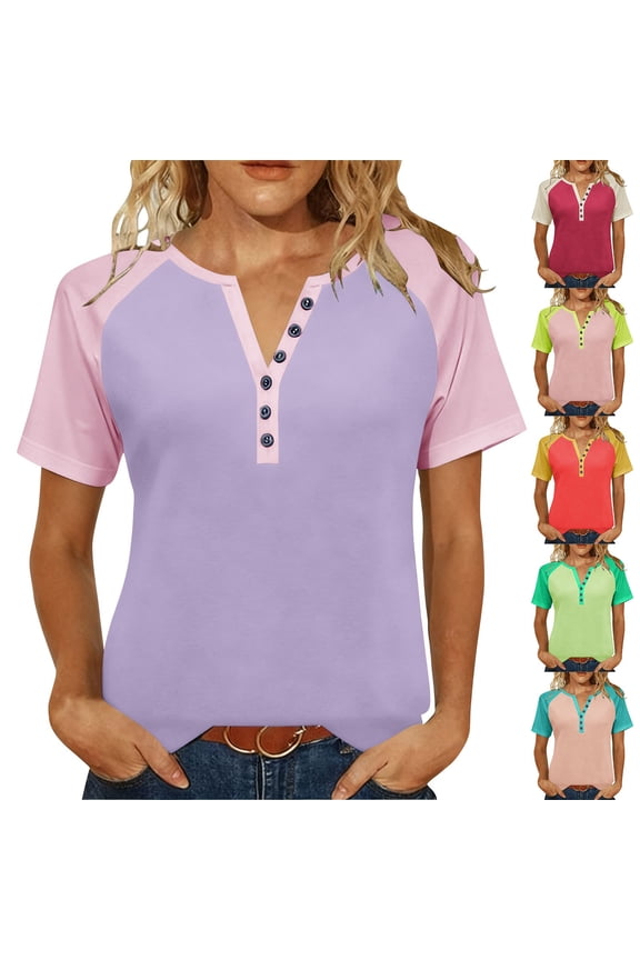Womens Summer Tops, Casual T Shirts for Women, Womens Loose Button V Neck Short Sleeve Raglan Shoulder T Shirt Blouse Daily Tops Green,S