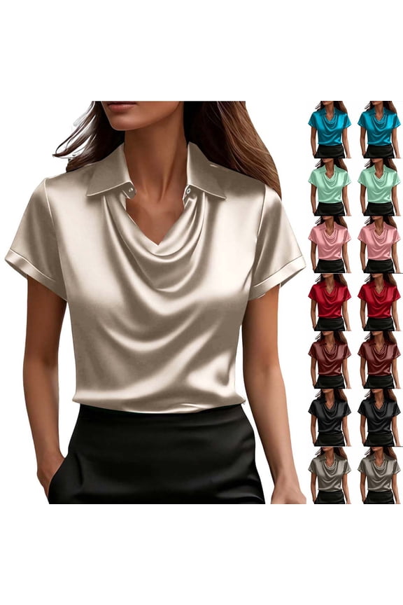 Womens Summer Tops, Dressy T Shirts for Women, Womens Fashion Solid Turn Down Collar Blouse Short Sleeve Dressy Tops Sky Blue,M