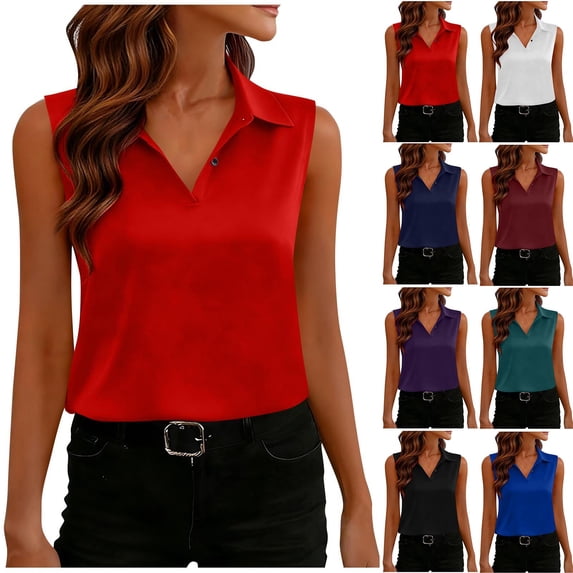 SROBPTY Womens Summer Tunic, Tank Tops for Women, Women's Casual Fashion Solid Buttoned Lapel Collar Sleeveless Pullover Tank Top Red,M