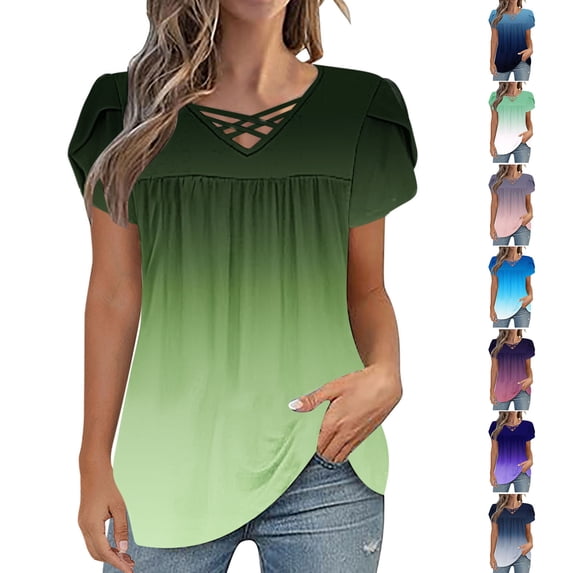 SROBPTY Womens Summer Tunic Tops, Casual T Shirts for Women, Womens Casual Loose V Neck Short Sleeve T Shirt Blouse Dressy Tops Blue,XL