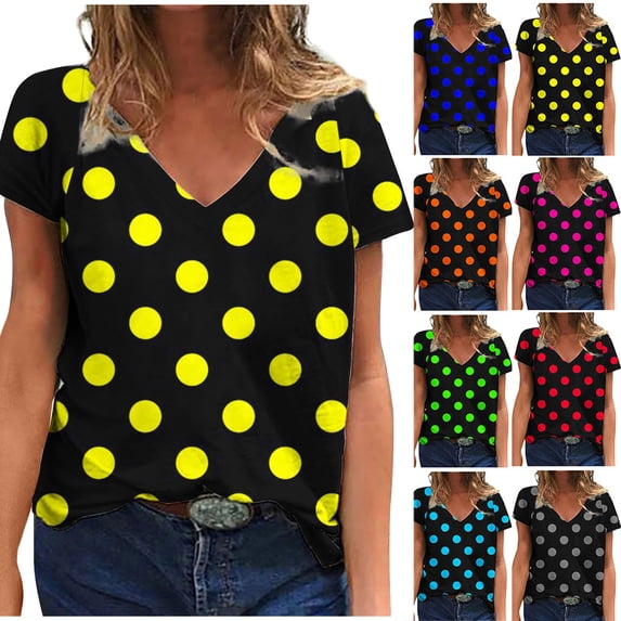 SROBPTY Womens T-Shirts Fashion Print V Neck Short Sleeve Loose Summer Tops for Everyday Wear