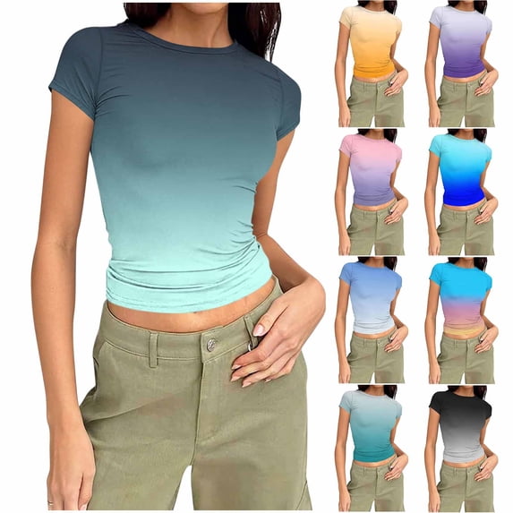 SROBPTY Womens T-Shirts Print Crew Neck Short Sleeve Ribbed Breathable Summer Tops for Everyday Wear