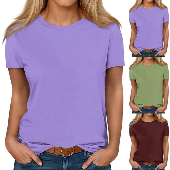 SROBPTY Womens Tops Solid Crew Neck Short Sleeve Casual Summer Shirts