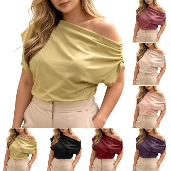 SROBPTY Womens T-Shirts Solid Crew Neck Short Sleeve Off Shoulder Asymmetrical Loose Breathable Summer Tops for Daily Wear