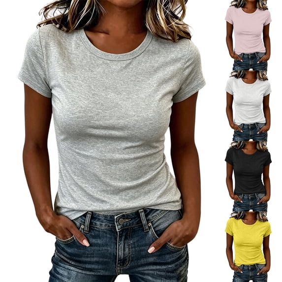 SROBPTY Womens T-Shirts Solid Crew Neck Short Sleeve Ribbed Loose Breathable Summer Tops for Daily Wear