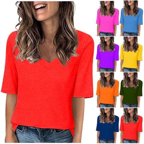 SROBPTY Womens T-Shirts Solid V Neck Half Sleeve Loose Breathable Summer Tops for Casual Wear