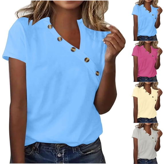 SROBPTY Womens T-Shirts Solid V Neck Short Sleeve Button Loose Breathable Summer Tops for Casual Wear