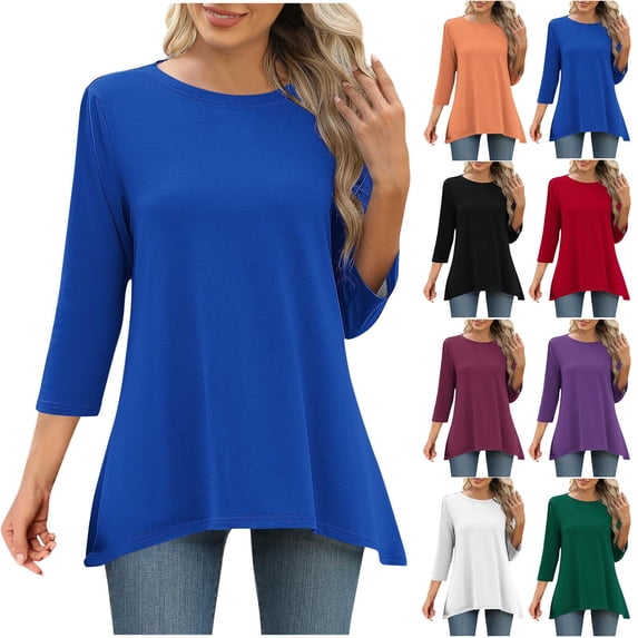 SROBPTY Womens Top Solid Crew Neck 3/4 Sleeve Loose T Shirt