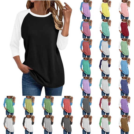 SROBPTY Womens Plus Size Top Solid Crew Neck 3/4 Sleeve Raglan Loose T Shirt