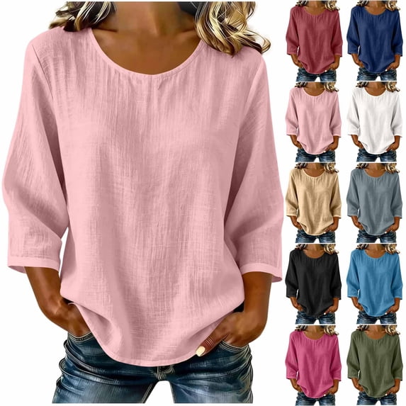 SROBPTY Womens Tops Solid Crew Neck 3/4 Sleeve Relaxed Lightweight Soft Shirts for Casual Use
