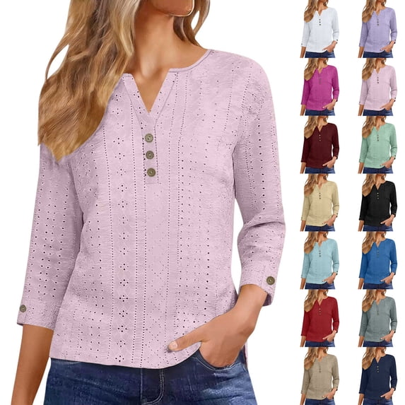 SROBPTY Womens Plus Size Top Solid V Neck 3/4 Sleeve Button Knit Shirt