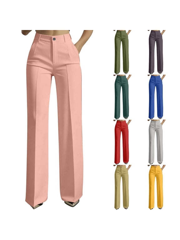 Womens Trousers for Fall Winter Straight Leg Button High Waist Pocket Solid Dress Pants
