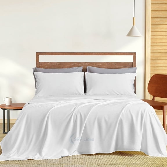 SRP Linen 4-Piece 600 Thread Count Egyptian Cotton Bed Sheet Set, White Solid Size Queen 16 "-Deep Pocket