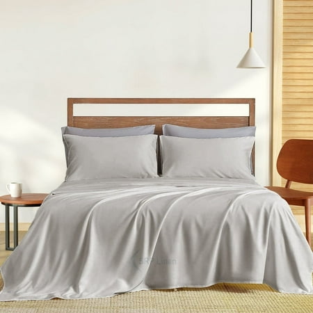 SRP Linen Real 300-Thread-Count Super Soft Extra Deep Pocket 4-Pieces Sheet Set, Solid Pattern Fit Up to 25" inches Deep Pocket (California King, Silver Grey)