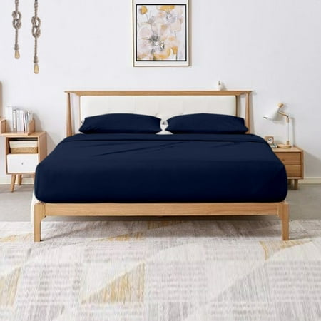 SRP Linen Real 300-Thread-Count Super Soft Extra Deep Pocket 4-Pieces Sheet Set, Solid Pattern Fit Up to 25" inches Deep Pocket (Queen, Navy Blue)