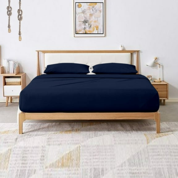 SRP Linen Real 300-Thread-Count Super Soft Extra Deep Pocket 4-Pieces Sheet Set, Solid Pattern Fit Up to 25" inches Deep Pocket (Queen, Navy Blue)