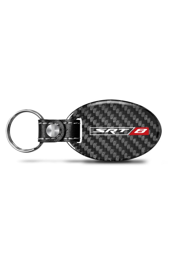 SRT-8 Logo Real Carbon Fiber Large Oval Shape with Black Leather Strap Key Chain
