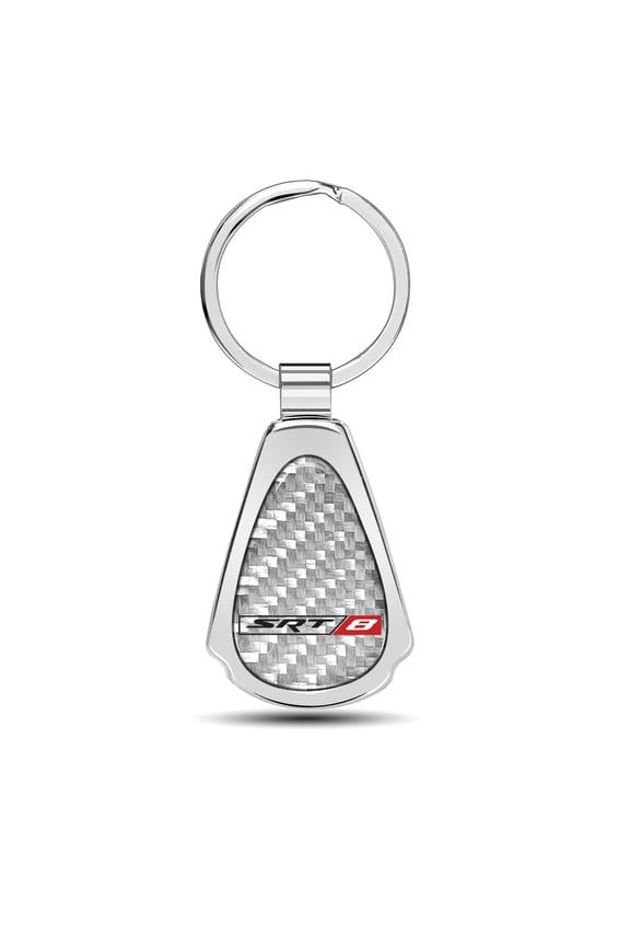 SRT-8 Logo Real Silver Dome Carbon Fiber Chrome Metal Teardrop Key Chain for Dodge Jeep RAM