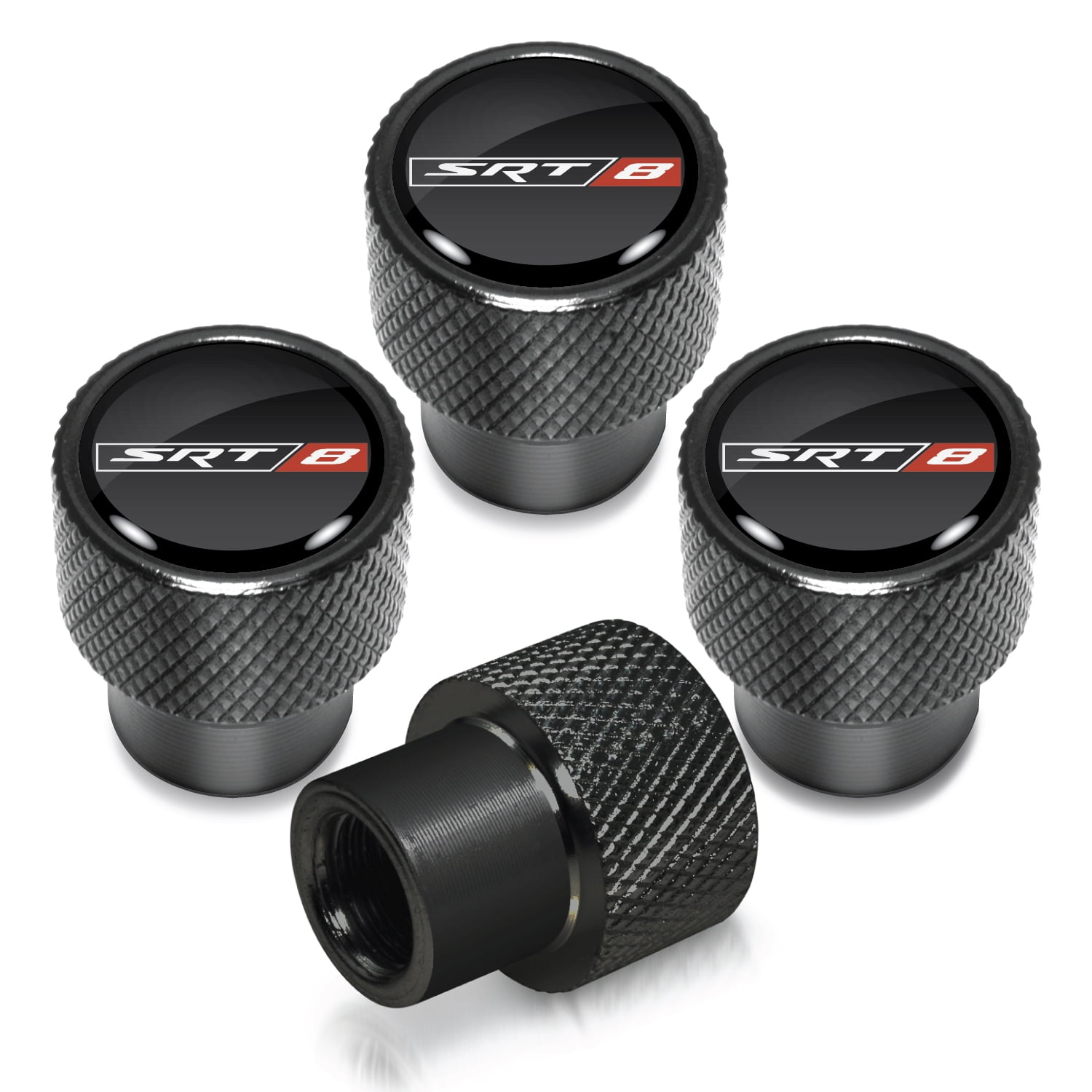 SRT-8 Logo in Black on Black Aluminum Tire Valve Stem Caps for Dodge Jeep RAM