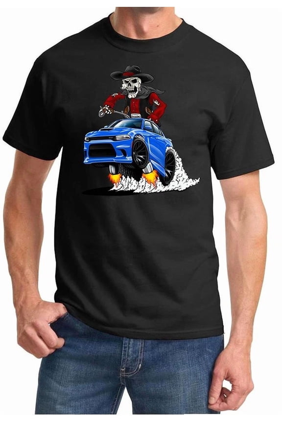 SRT Charger Hellcat Cowboy Skeleton Blue Car Design Tshirt NEW
