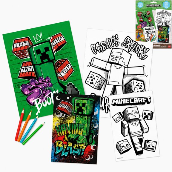 SRV Hub Minecraft Colouring Set for Kids | 2 Colouring Books A4 & A5 | 16 Double-Sided Colouring Pages | 4 Colouring Pencils Crayons| Arts & Crafts Activity Kit for Boys & Girls