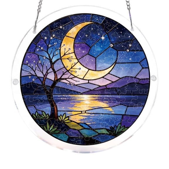 SRVOG Acrylic Puzzle Suncatcher Window Hanging, 83 Pieces Moonlit Night Lake with Tree Puzzle Kit, Stained Glass Visual Effect, Handmade Craft Decor for Home Balcony Gifting