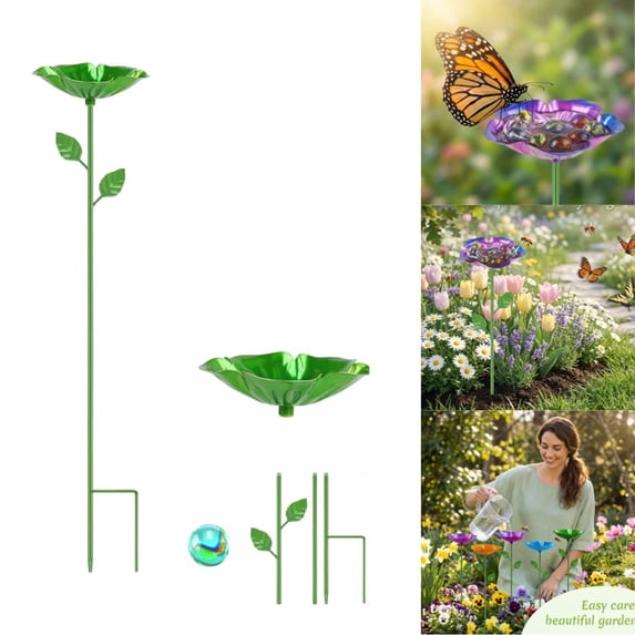 SRVOG Bee Watering Station, Bee Baths for Garden Metal Bee Feeder with Flower Design and Glass Marbles, Butterfly Water Feeder Bowl for Outdoor Garden Yard Decor