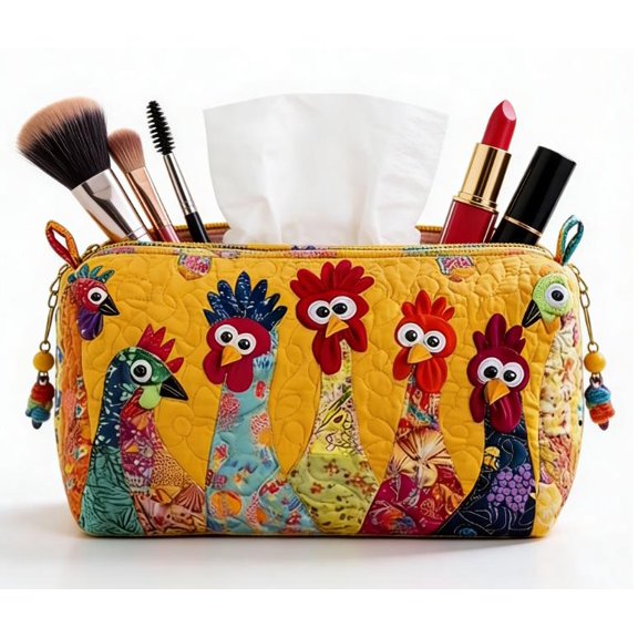 SRVOG SRVOG Colorful Chicken Patchwork Quilted Makeup Bag for Women, Travel Cosmetic Car Organizer, Boho Cosmetic Bag,Quilted Makeup Pouch, Quilted Makeup Pouch for Purse, Make up Travel Bag