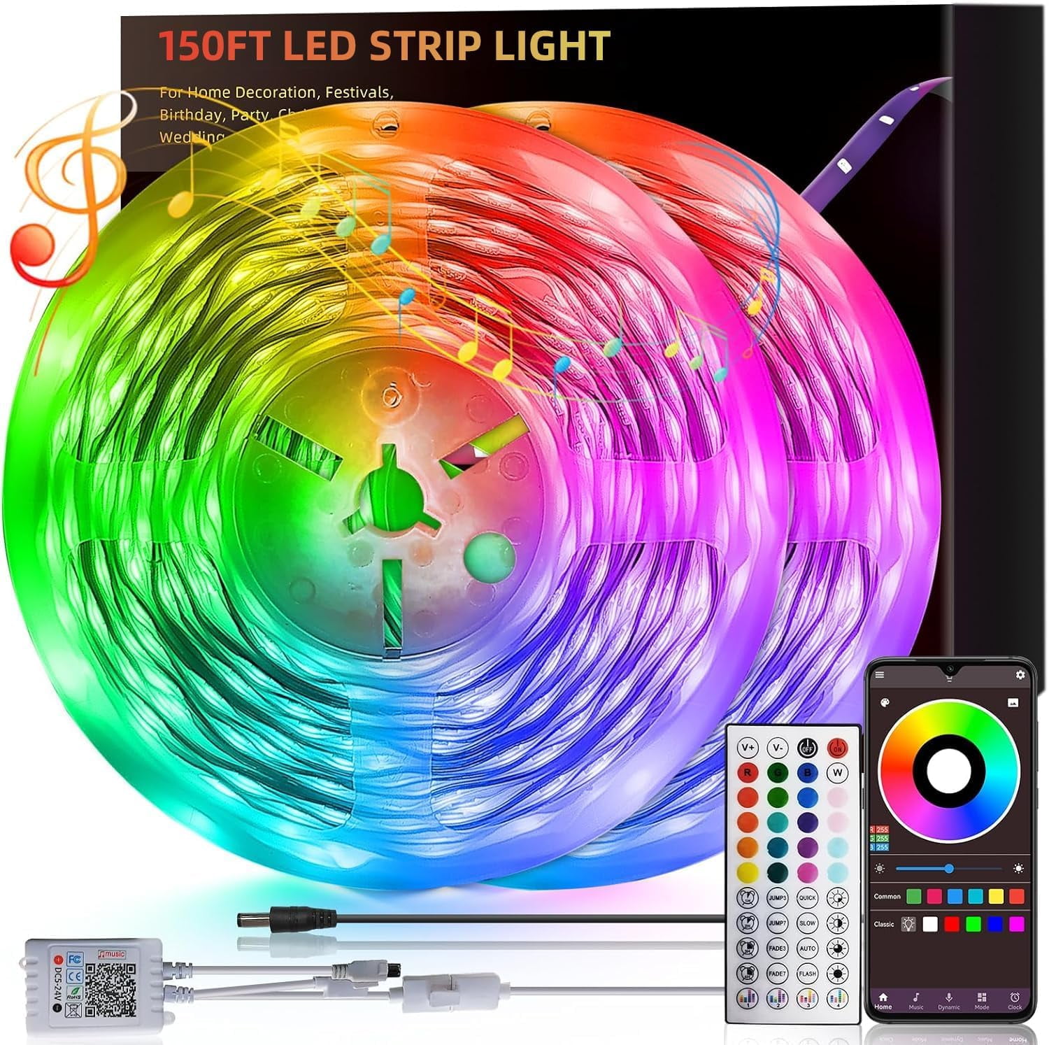 SRWEHG-150ft Led Lights For Bedroom (2 Rolls of 75ft), Led Strip Lights ...