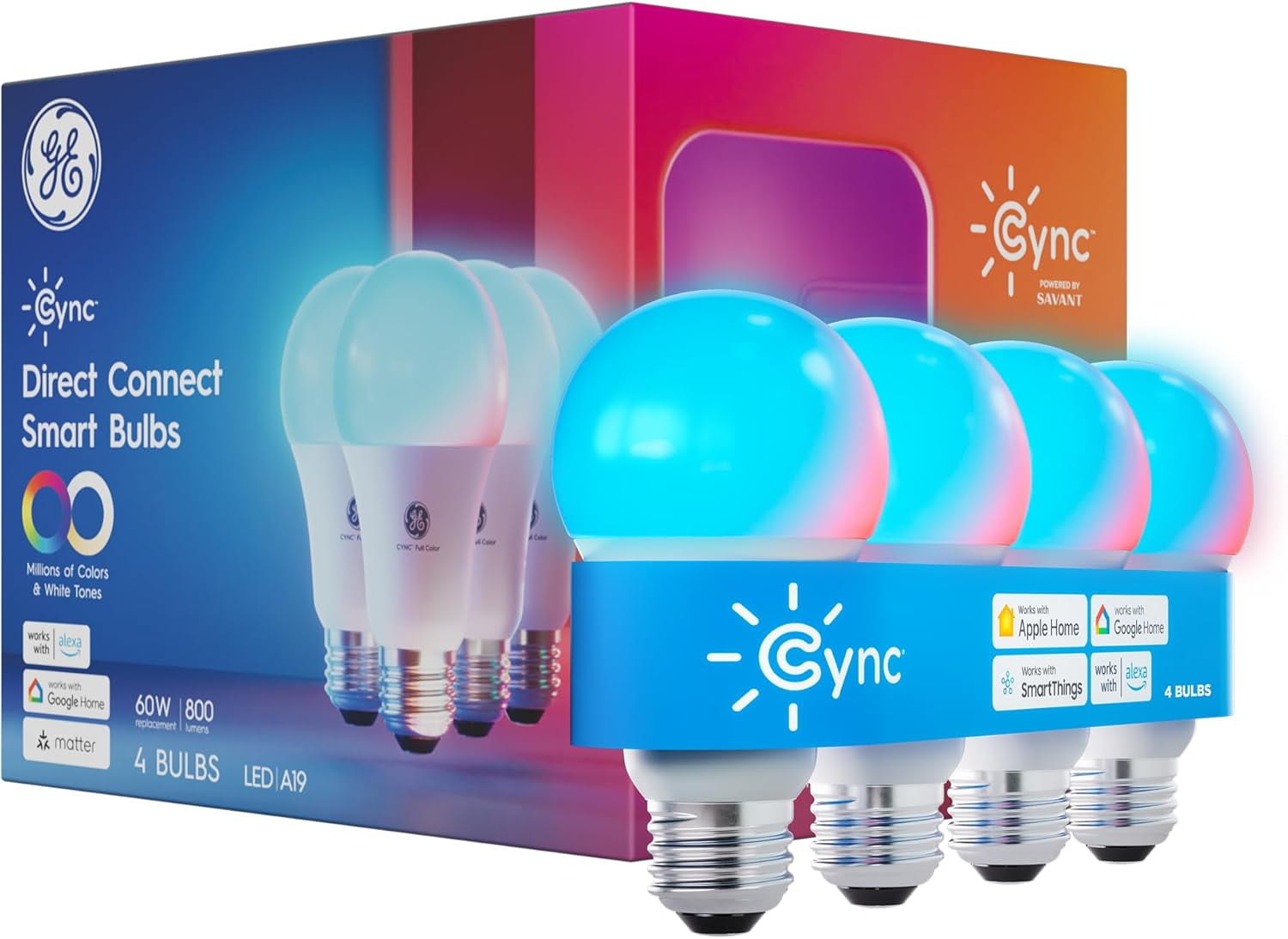 4-Pack Smart Bluetooth Light Bulbs – 15W Color Changing A19 Alexa-Compatible Bulbs – 16 Million Colors, RGBCW, E26/E27 – No Hub Required
