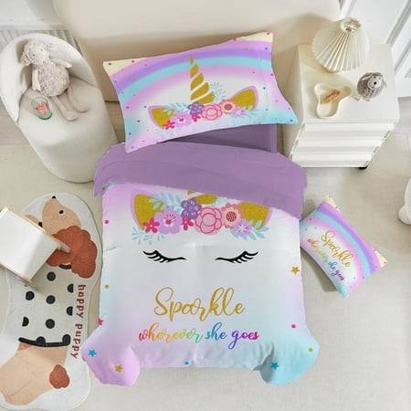 Toddler Bedding Sets for Babys Boys Girls Kids Rainbow Star Blue Purple Unicorn Toddler Crib Comforter Set Flat Sheet Fitted Sheet and Pillowcase 4 Pieces