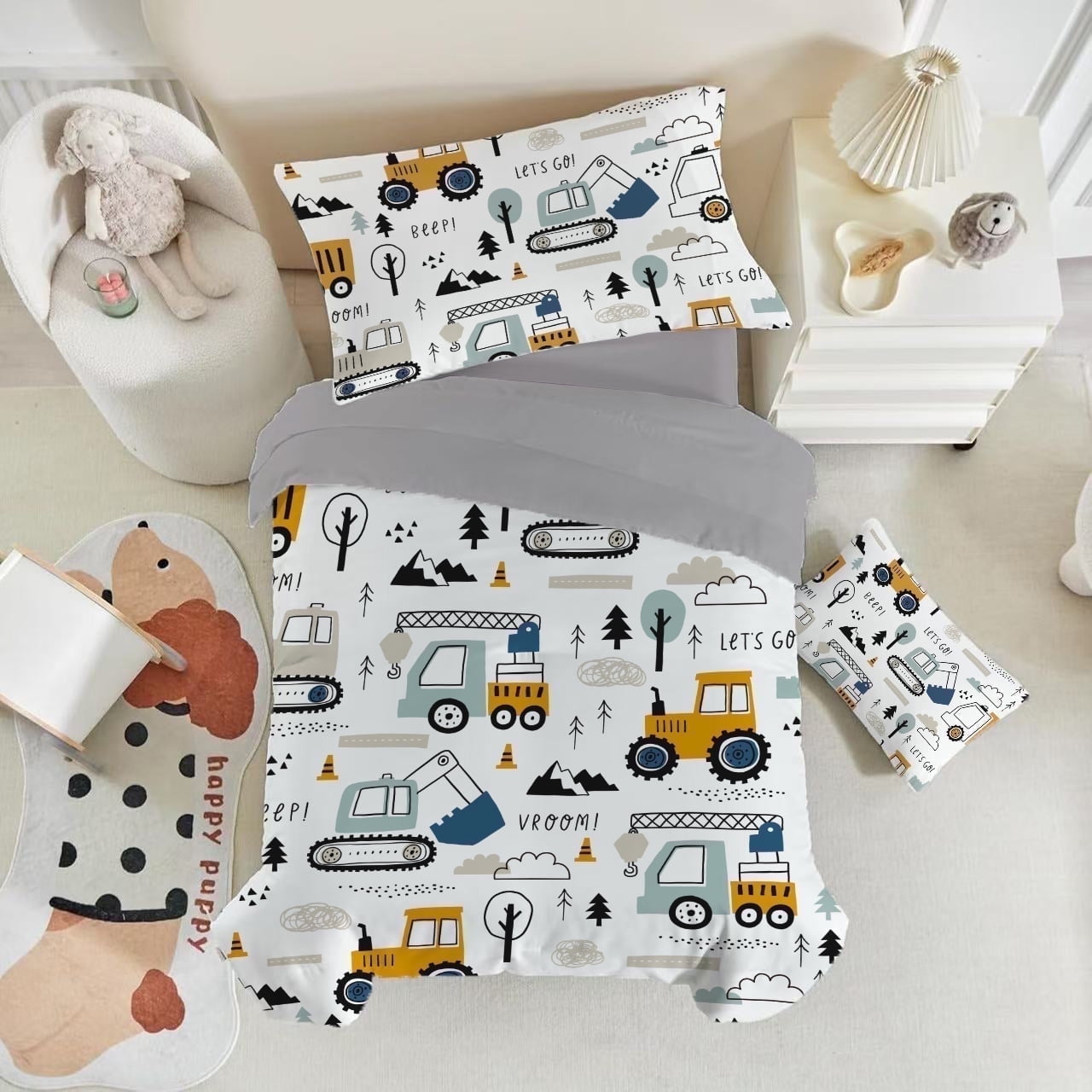 Toddler Bedding Sets for Baby Boys Girls Kids Construction Toddler Crib Comforter Set Flat Sheet Fitted Sheet and Pillowcase 4 Pieces White Truck Vehicles Excavator Cars
