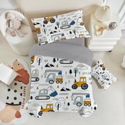 Toddler Bedding Sets for Baby Boys Girls Kids Construction Toddler Crib Comforter Set Flat Sheet Fitted Sheet and Pillowcase 4 Pieces White Truck Vehicles Excavator Cars