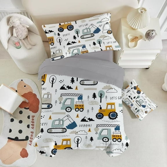 Toddler Bedding Sets for Baby Boys Girls Kids Construction Toddler Crib Comforter Set Flat Sheet Fitted Sheet and Pillowcase 4 Pieces White Truck Vehicles Excavator Cars