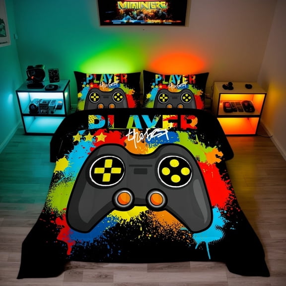 3 Pieces Yellow Gamer Comforter Set for Boys Gaming Bedding Set Twin Size Video Game Controller Colorful Comforter for Kids Adult 3D Gamepad